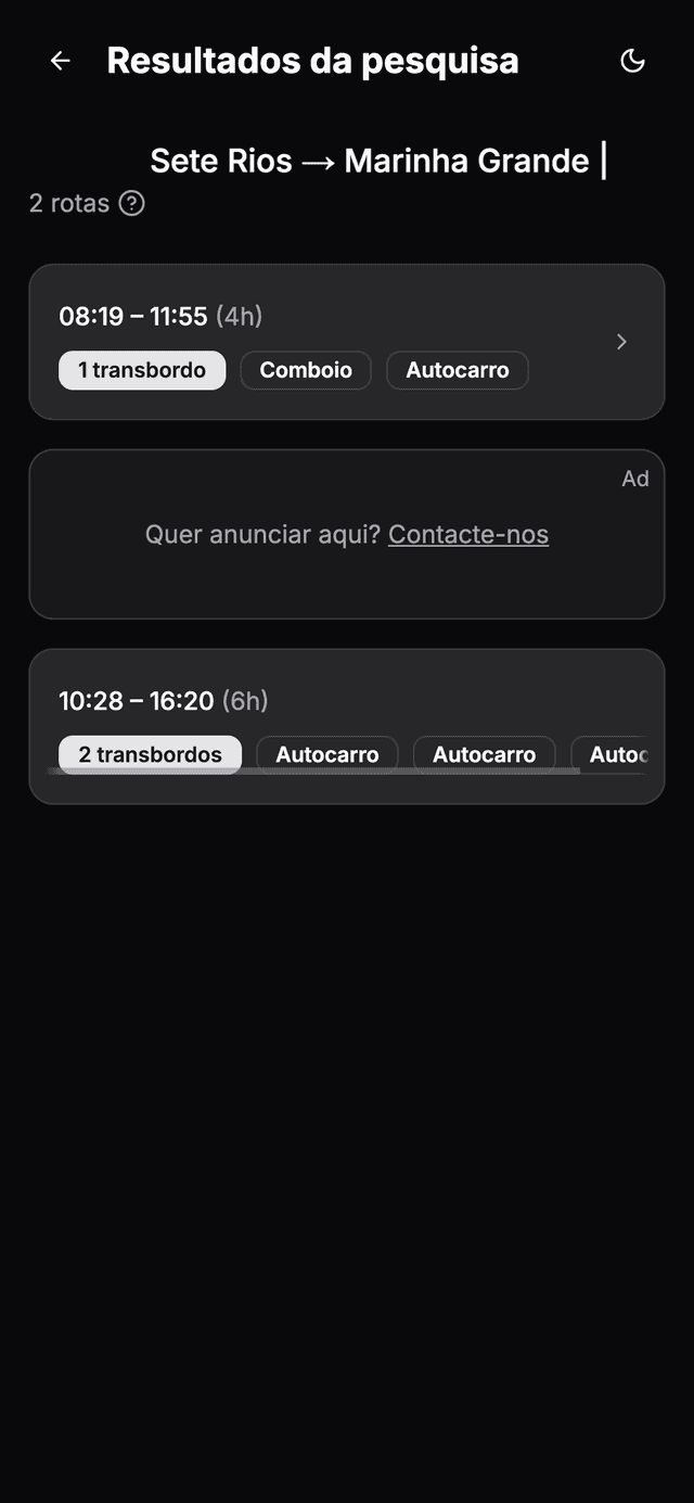 Página de resultados da aplicação