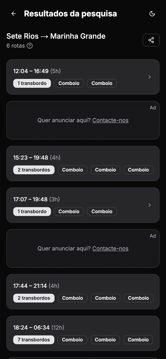 Página de resultados da aplicação